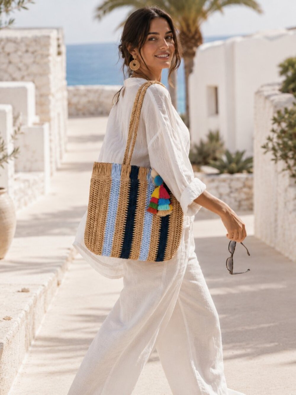 Straw Tote Bag Striped Navy Tassel Zipper Lined Boho Mediterranean Vacation - Picture 9 of 13